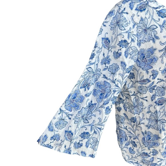 J. Jill Pintucked Printed Linen Popover White Mosaic Jacobean Bell Sleeves Small - Picture 7 of 10